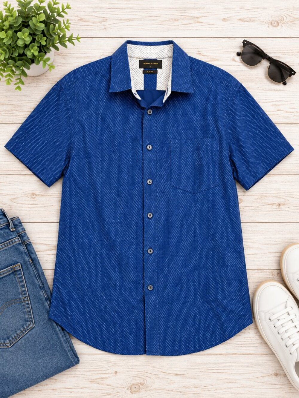 Denim & Flower Men’s Large Blue Dot Slim Fit Short Sleeve Shirt 100% Cotton